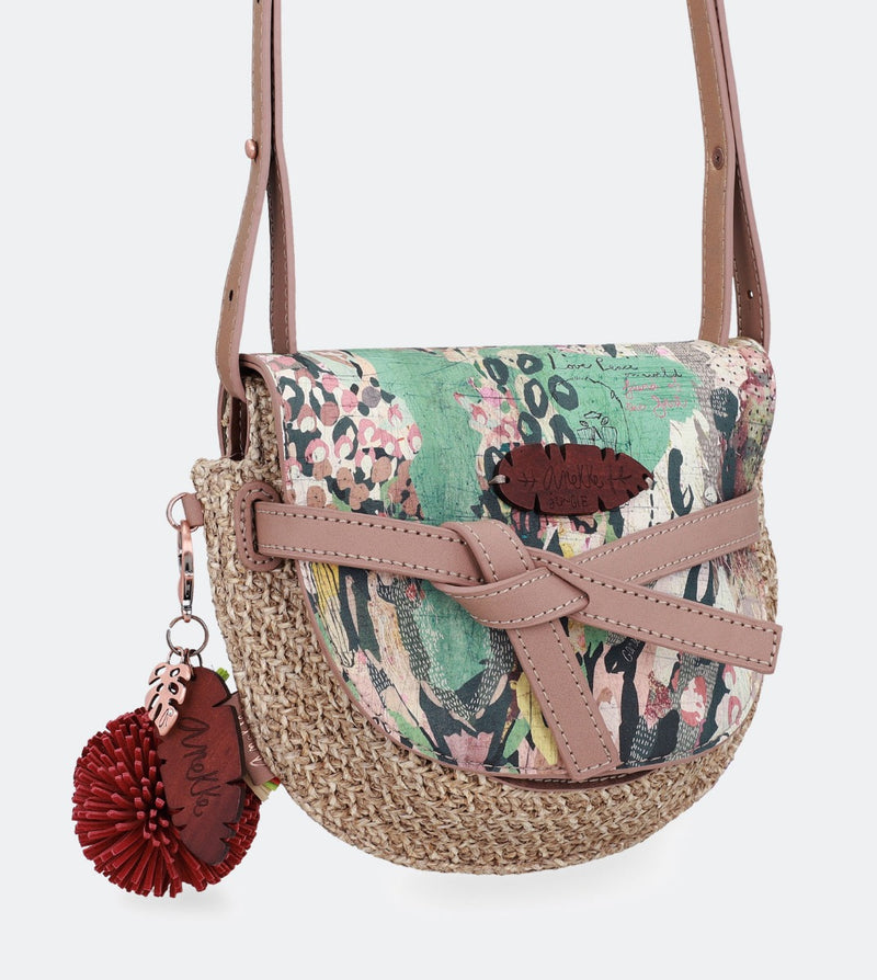 Printed raffia crossbody bag with a front flap