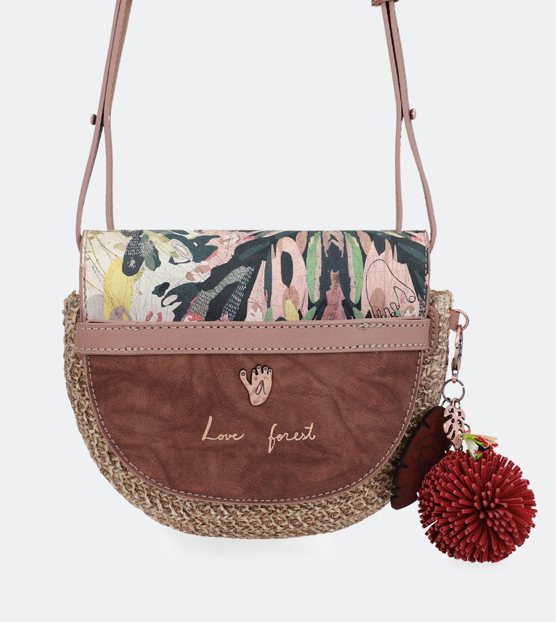 Printed raffia crossbody bag with a front flap