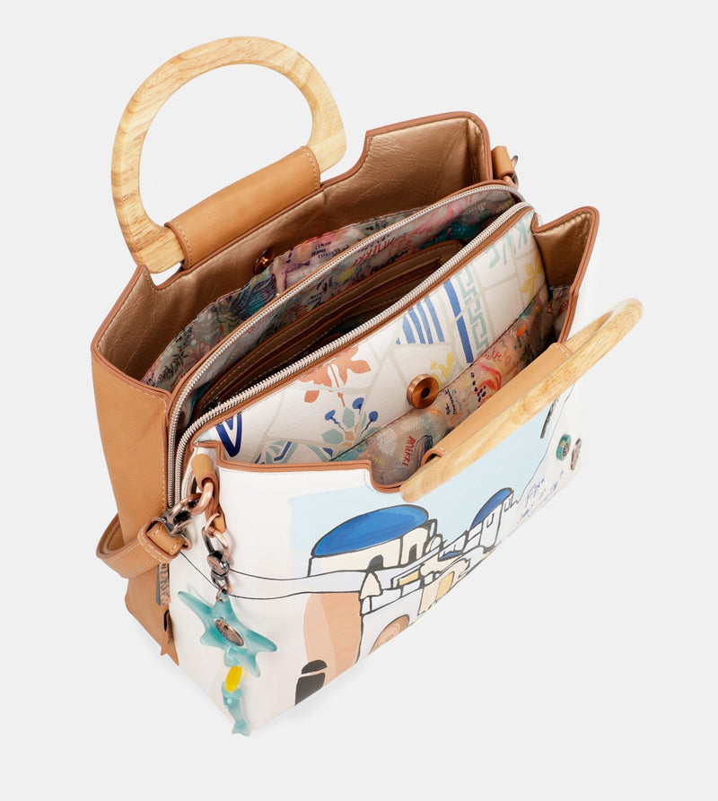 Sunrise Triple compartment handbag with wooden handle